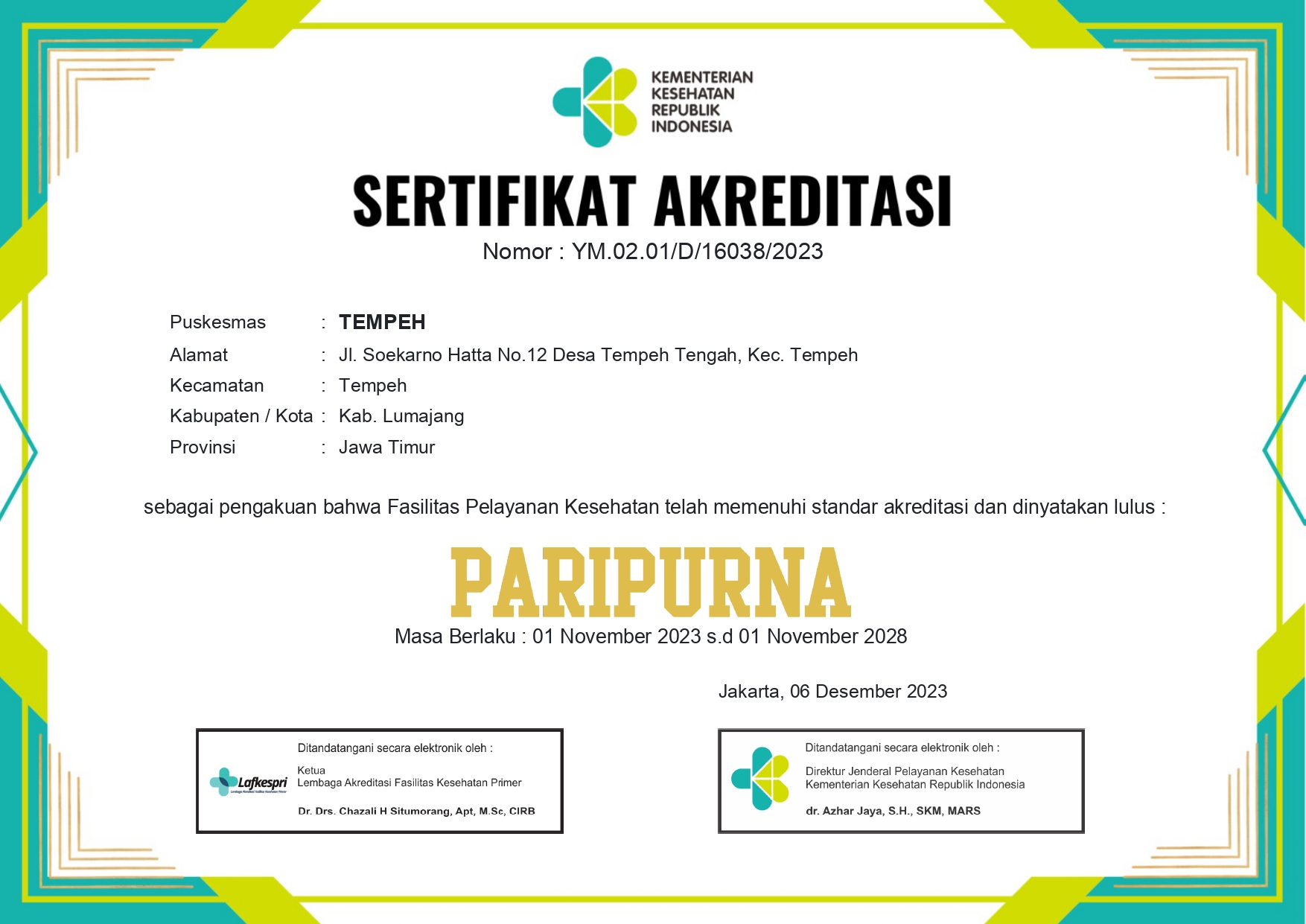 SERTIFIKAT AKREDITASI PARIPURNA